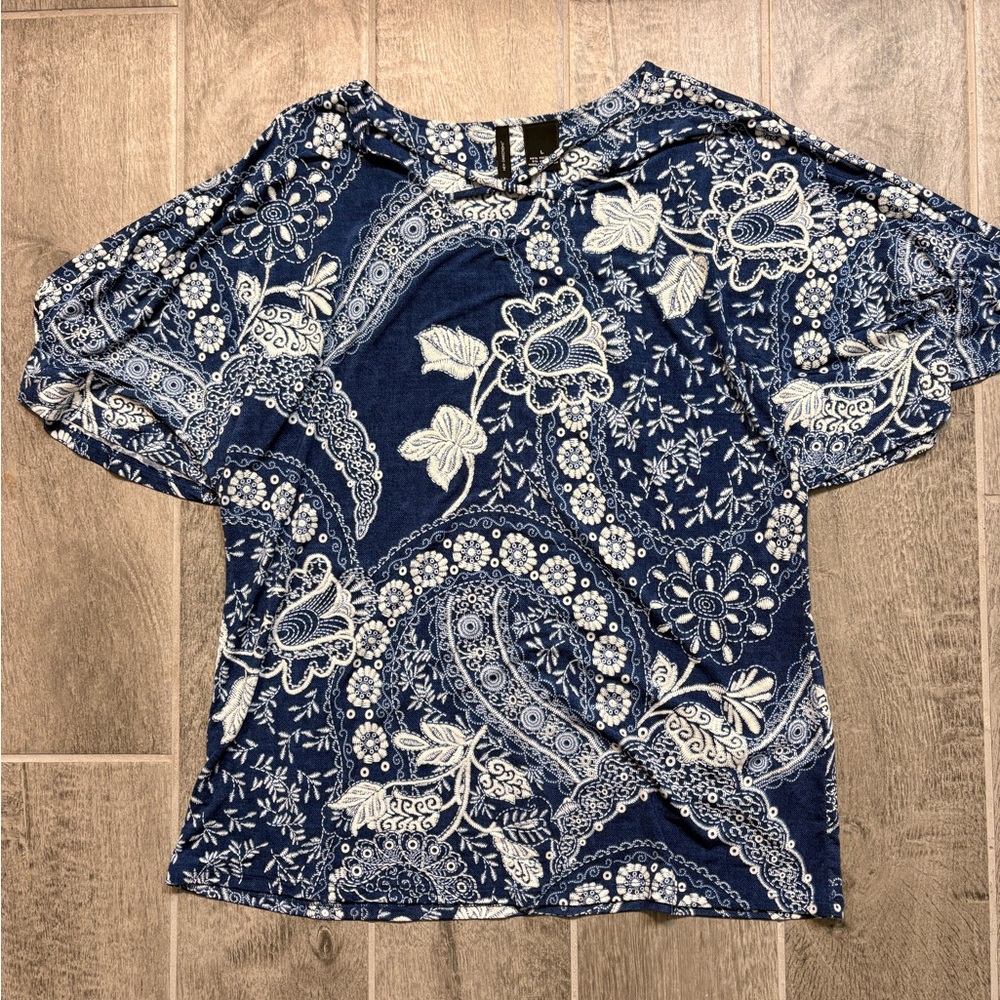 Blue Paisley Floral Flutter Sleeve Dress Top Size Large